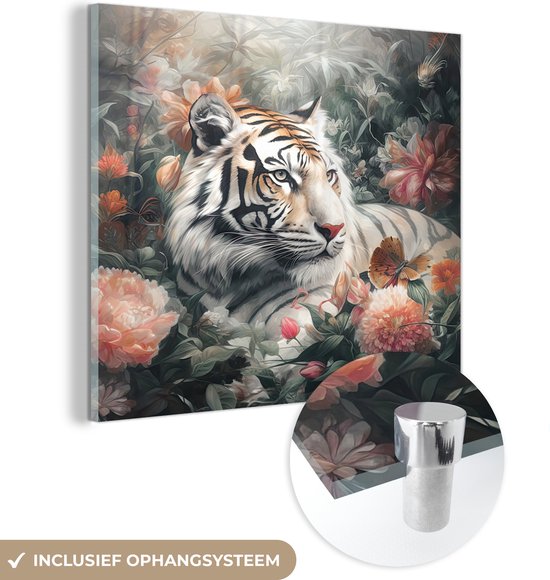 MuchoWow® Glasschilderij 50x50 cm - Schilderij acrylglas - Tijger - Wilde dieren - Bloemen - Jungle - Foto op glas - Schilderijen