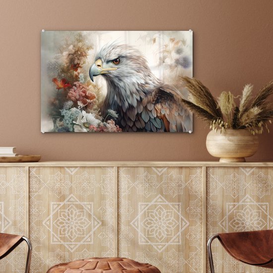 MuchoWow® Glasschilderij 60x40 cm - Schilderij acrylglas - Arend - Adelaar - Vogel - Bloemen - Natuur - Foto op glas - Schilderijen