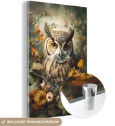 MuchoWow® Glasschilderij 40x60 cm - Schilderij acrylglas - Uil - Vogels - Bloemen - Natuur - Foto op glas - Schilderijen