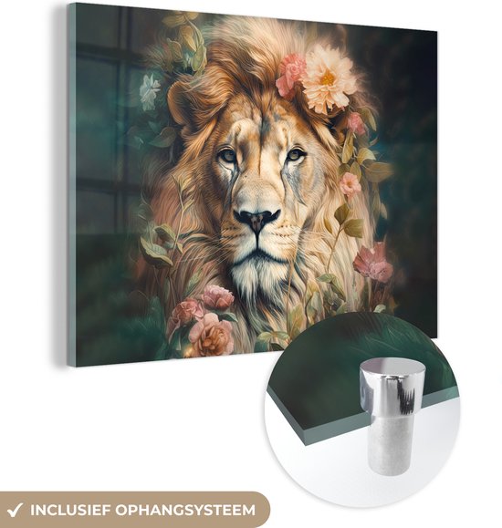 Tableau sur verre - Lion - Fleurs - Rose - Nature - Animaux sauvages - Plaque de verre - Photo sur verre - Tableaux sur verre salon - Peinture sur verre - 40x30 cm - Décoration murale - Décoration murale - Chambre à coucher - Décoration de chambre