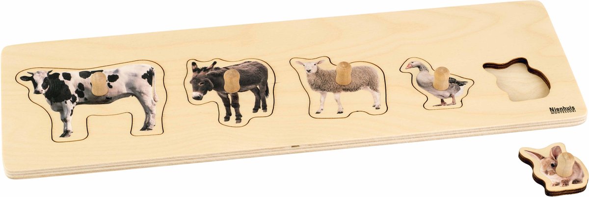 Nienhuis Montessori Kinderpuzzel Boerderijdieren - Kinderpuzzel - Houten speelgoed - Houten puzzel - Educatief speelgoed - Houten dieren speelgoed - 5 stukjes - Vanaf 2 jaar