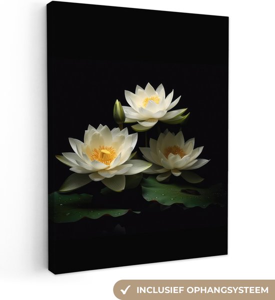 Canvas Schilderij Lotus - Bloemen - Wit - Natuur - Zwart - 60x80 cm - Wanddecoratie
