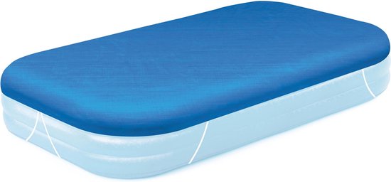 Blauwe zwembadafdekking op een transparante, opblaasbare zwembadrand.