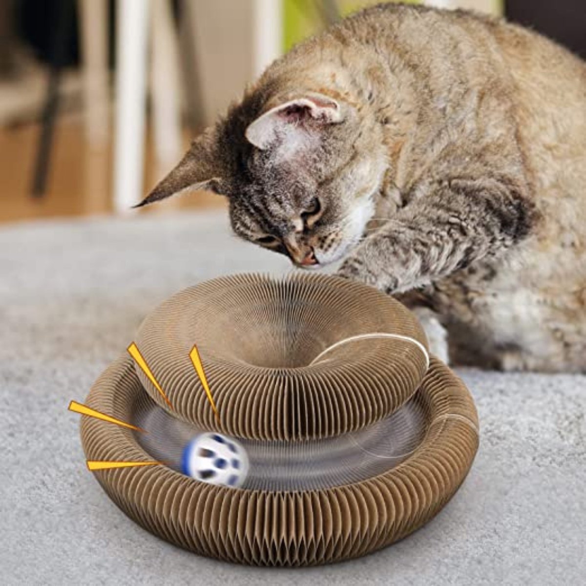 Kitty Kurlz Magische Kattenkrabber - Opvouwbare Kartonnen Krabplank Met Belbal Voor Katten