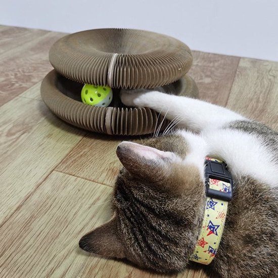 Kitty Kurlz kattenspeelgoed, krabplank voor katten, kartonnen kattenspeelgoed, opvouwbare krabplank met bal, kattenkrul, rond kattenspeelgoed met bel, krabben en springen