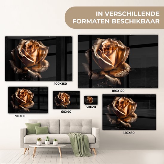 MuchoWow® Peinture sur verre - Rose - Or - Fleurs - Botanique Zwart - 90x60 cm - Peintures sur verre acrylique - Photo sur Glas