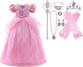 Prinsessenjurk meisje - Prinses - Roze - 122/128(130) + Tiara (Kroon) / Toverstaf + Juwelen + Handschoenen - verkleedkleren