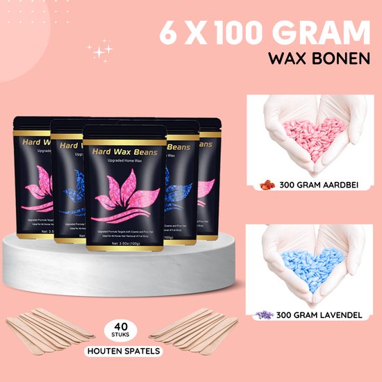 Zes zakken 'Hard Wax Beans' op een sokkel, met houten spatels en potjes met roze en blauwe waxbonen.