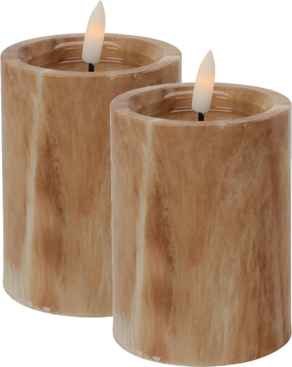 Excellent Houseware LED kaars - 2x -bruin marmer - D7,5 x H10 cm -met timer