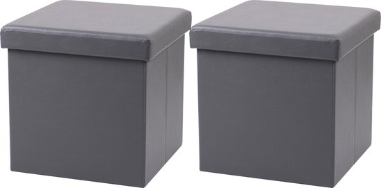 Urban Living Poef Leather BOX - 2x - hocker - opbergbox - grijs - PU/mdf - 38 x 38 cm - opvouwbaar