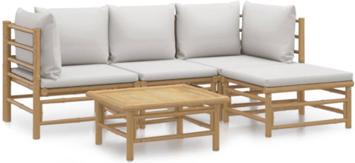vidaXL 5-delige - Loungeset - met - kussens - bamboe - lichtgrijs