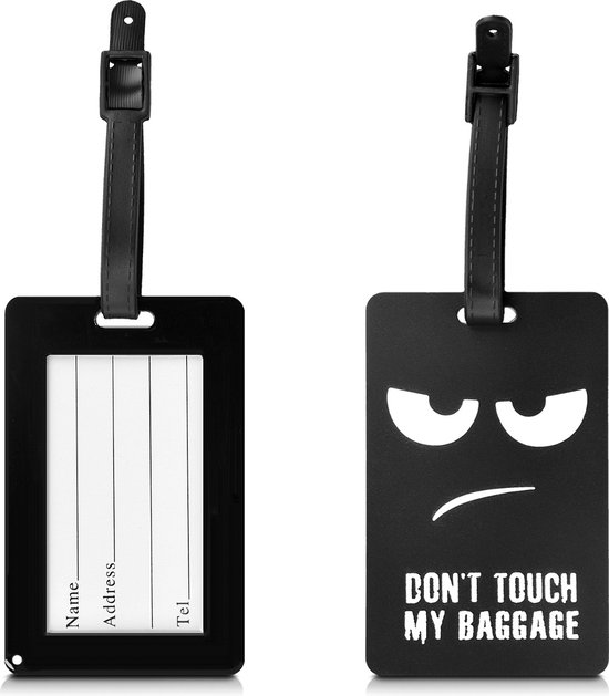 Étiquette de bagage kwmobile pour valises - 10,2 x 6,4 cm avec étiquette d'adresse - Étiquette de valise en silicone - Design Don't Touch My Baggage en blanc / noir