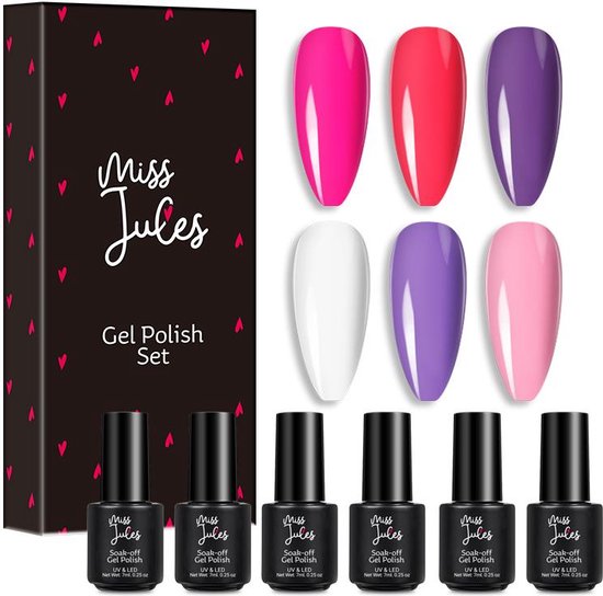 Miss Jules - 6-Delige Gellak Starterspakket - Nagellak - Kleur Paars, Roze & Wit - Glanzend & Dekkend resultaat