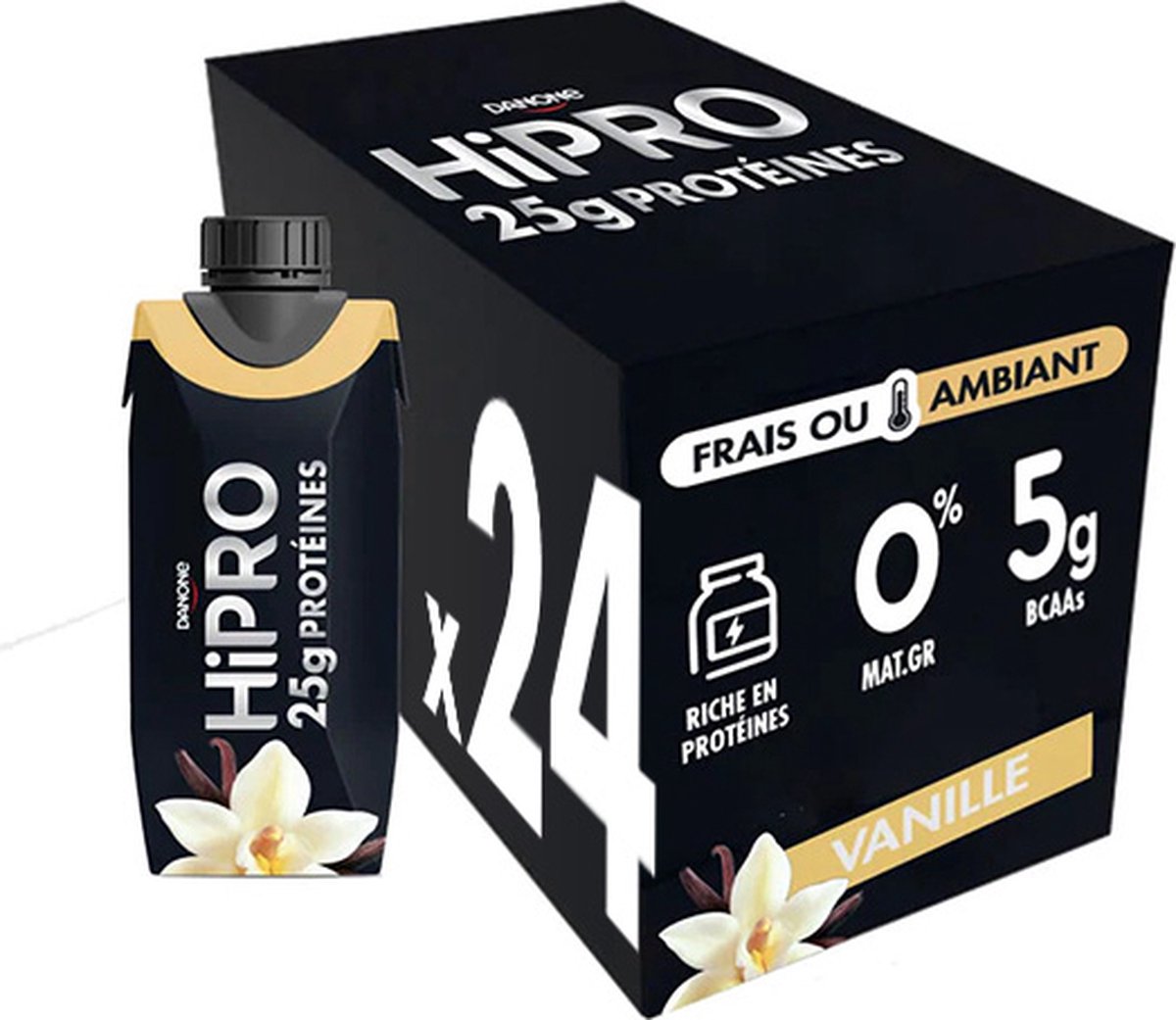 Danone HiPro - Proteïne drank - Vanille - Sportdrank 0% mg - Niet gekoelde brikje met vanillesmaak 25g proteïne - 24 x 330 ml