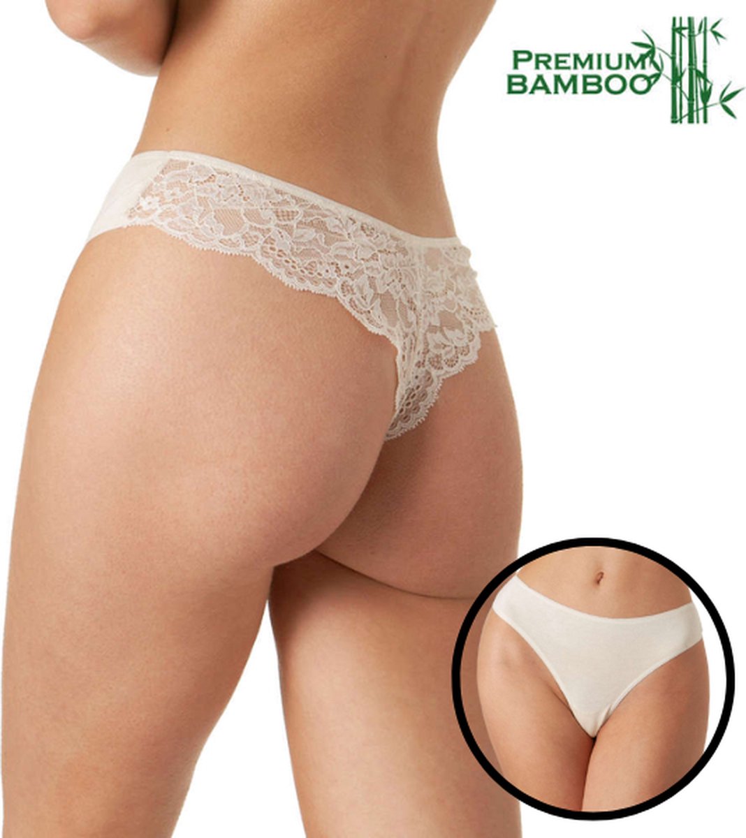 Dames string met kanten achterkant - Bamboe - Champagne - Maat L