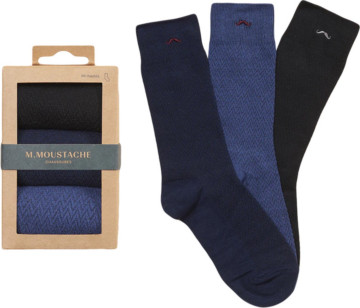 M. Moustache heren giftbox 3P sokken zigzag blauw & zwart - 43-45