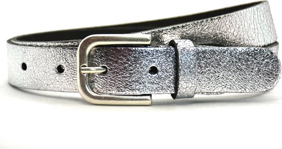 Dames riem zilver metallic - Metallic zilveren riem - damesriem 100% leder - Riemmaat 105 - Totale lengte 120 cm