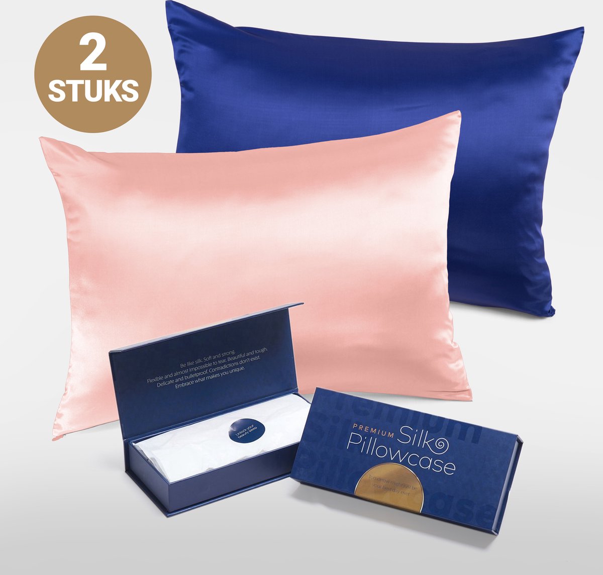 Slowwave Premium Silk Pillowcase - Extra voordelig colorpack: Cherry Blossom (roze) en Cloud Burst (blauw) - Ervaar het beste zijden kussensloop - 100% Mulberry zijde - 22 momme - Hoogste kwaliteit (grade 6A) - 60x70cm