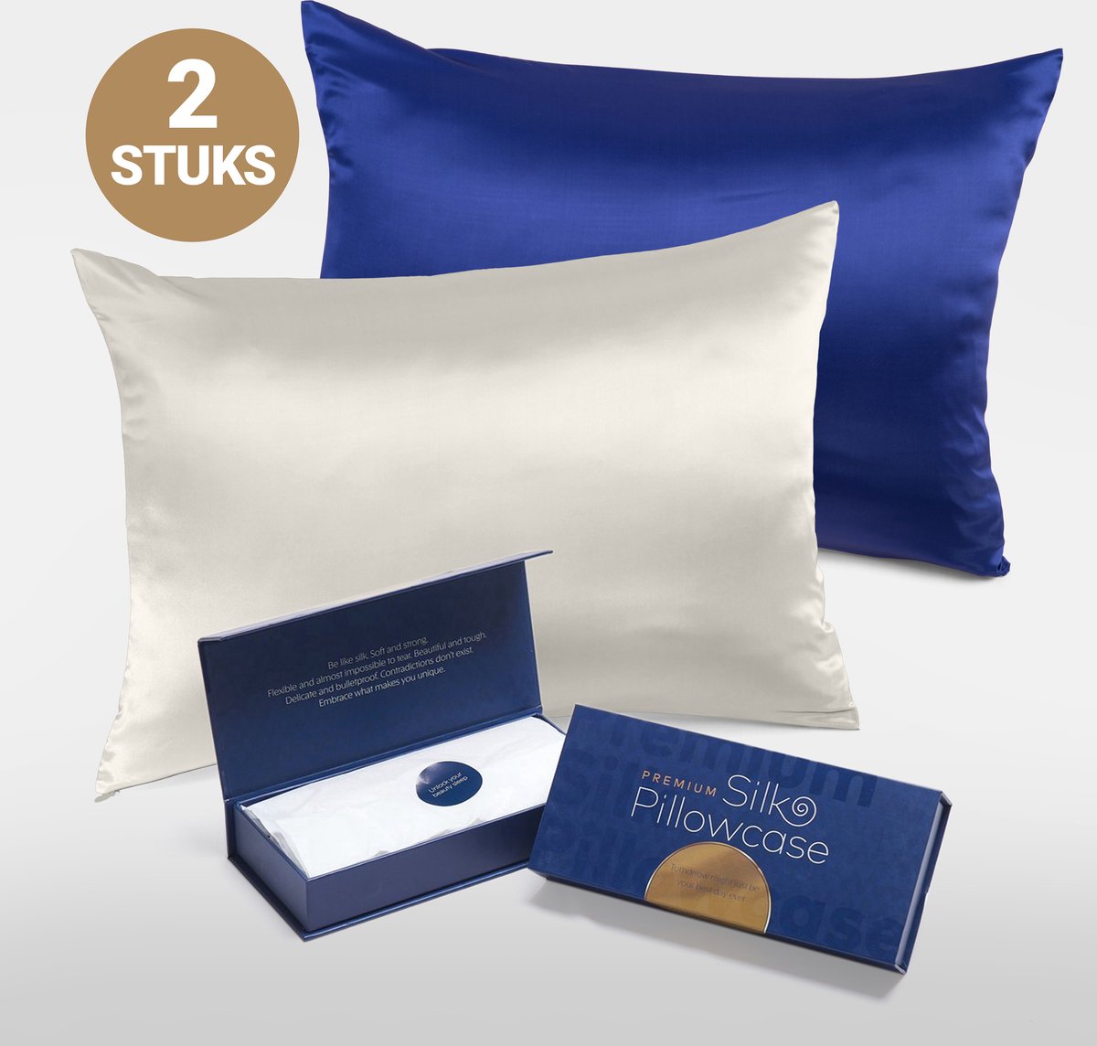 Slowwave Premium Silk Pillowcase - Extra voordelig colorpack: Off White (gebroken wit) en Cloud Burst (blauw) - Ervaar het beste zijden kussensloop - 100% Mulberry zijde - 22 momme - Hoogste kwaliteit (grade 6A) - 60x70cm