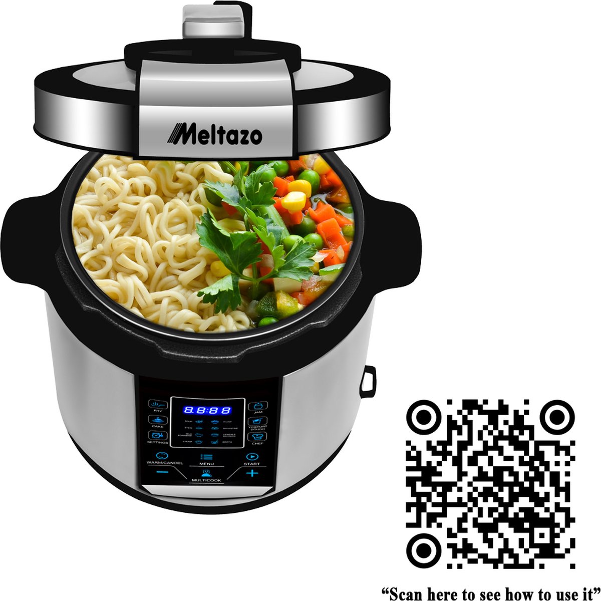MELTAZO Multicooker, 6L, 14-in-1 Elektrische Snelkookpan met LED Touch Screen, Pressure Cooker Electrisch, Electric Pressure Cooker, Multicuiseur, Multi cooker, Rijstkoker, Yoghurtmaker, Slowcooker, Soepmaker, Stomer (RVS/Zwart) thumbnail 4