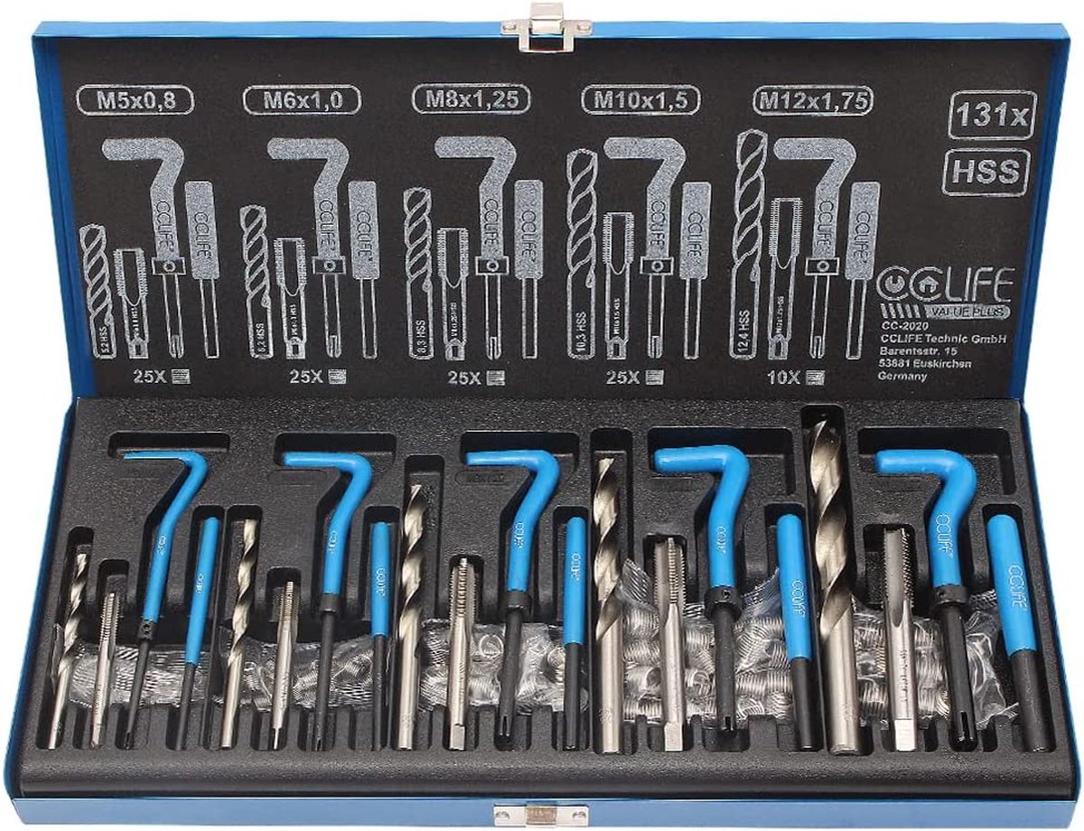 CCLIFE schroefdraadreparatieset 131-delige reparatiebussen, met M5 M6 M8 M10 M12