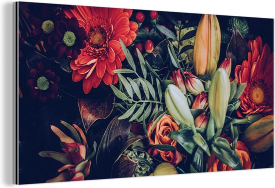 Wanddecoratie Metaal - Aluminium Schilderij Industrieel - Boeket - Stilleven - Bloemen - Planten - Rood - 80x40 cm - Dibond - Foto op aluminium - Industriële muurdecoratie - Voor de woonkamer/slaapkamer