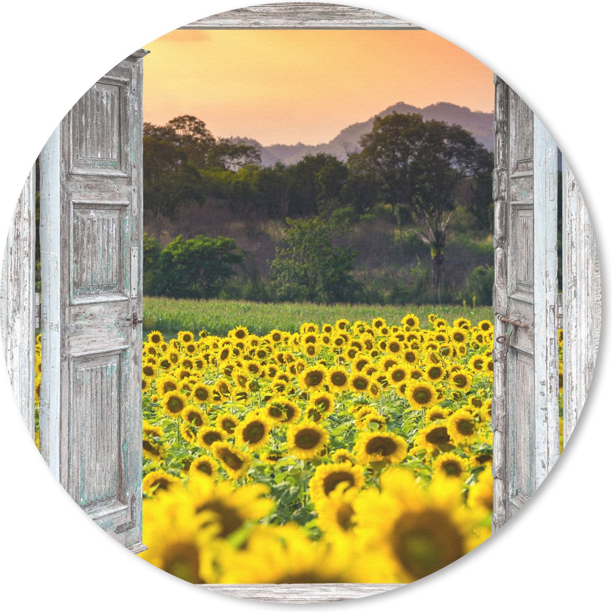 Muismat rond 40x40 cm - Mousepad Zonnebloem - Avond - Bloemen - Doorkijk - Ronde muismatten