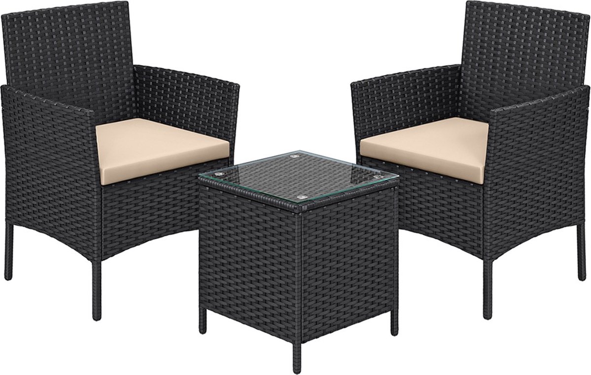 Bol.com Tuinset Gindini - 2 persoons - Wasbare kussens - Tuintafel met stoelen - Tuinsets - Zwart - Loungeset tuinmeubelen aanbieding