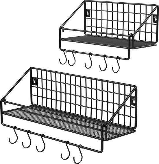 Wandplank zwevend - Metaal - Set van 2 - Keukenrek met hakenWandrek - Wandplank - Boekenplank - Zwart
