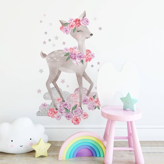Muursticker | Hert | Pioenrozen | Bloemen en wolken | Babykamer | Kinderkamer | Wanddecoratie | Pastelowe Love | Roze