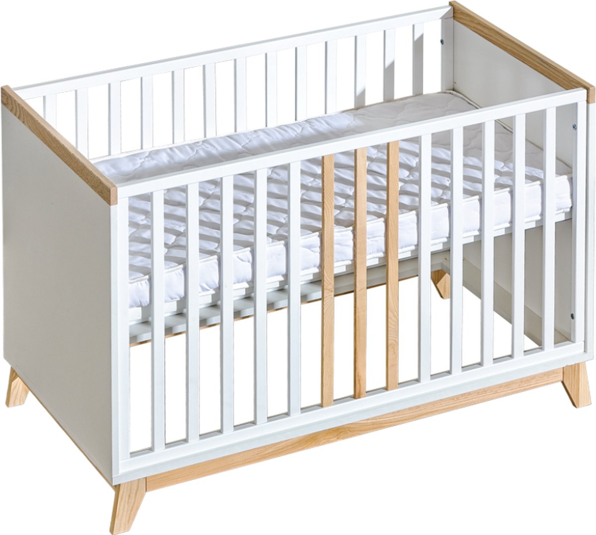 Nordik Kinderbed 120x60 - 2-in-1 Babybed & Sofa - Scandinavisch Design - Essenhout & Wit - Met Veiligheidshekje - Verstelbare Hoogte - Duurzaam & Veilig