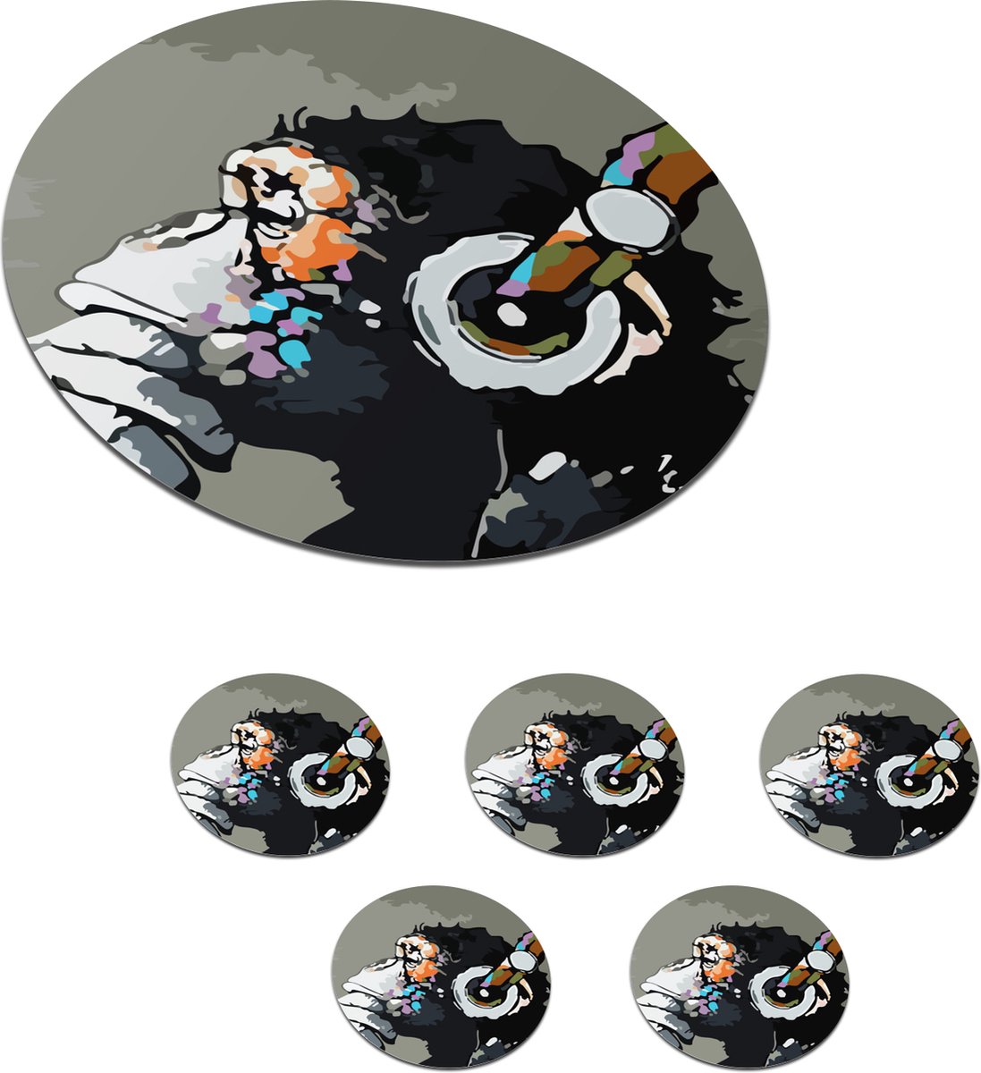 Onderzetters voor glazen - Rond - Schilderij - Olieverf - Aap - Koptelefoon - 10x10 cm - Glasonderzetters - 6 stuks