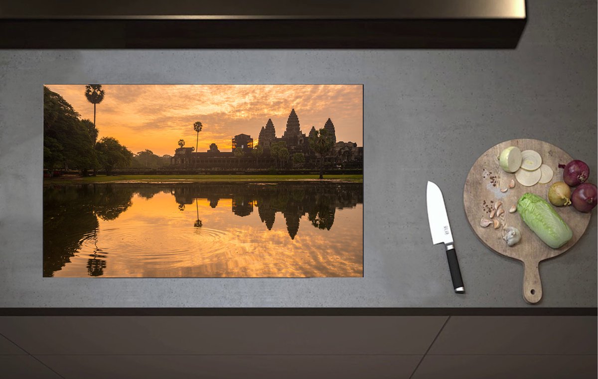 Inductieplaat Beschermer - Zonsondergang boven Water langs Tempel - 80x52 cm - 2 mm Dik - Inductie Beschermer van Vinyl