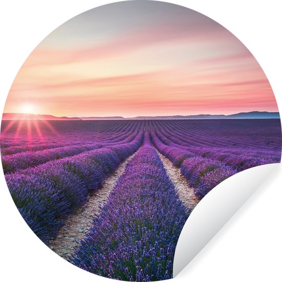 WallCircle - Muurstickers - Behangcirkel - Lavendel - Paars - Bloemen - ⌀ 140 cm - Muurcirkel - Zelfklevend - Ronde Behangsticker
