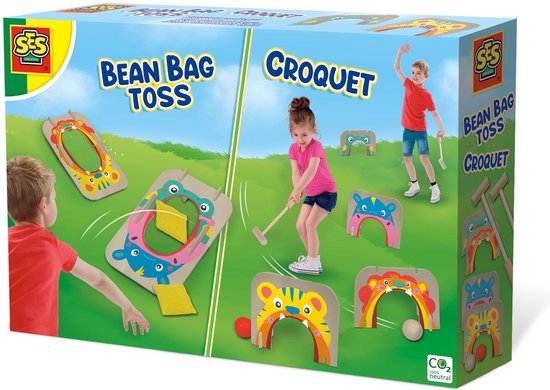 SES - Croquet and pittenzak gooien - 2-in-1 spellen - echt houten onderdelen met vrolijke illustraties - in handige bewaartas