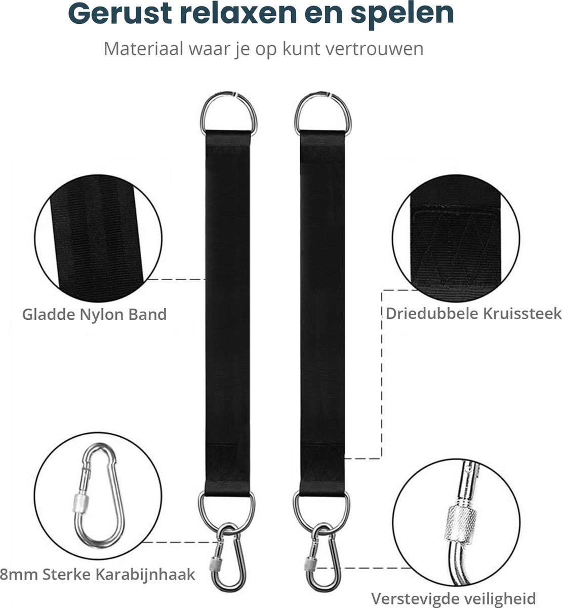 Ophangsysteem voor Hangmat/Schommel/Nestschommel - Hangmat Ophangen - Hangmat Ophangsysteem - Hangmat Bevestigingsset - Ophangset - Schommelbevestiging - Inclusief Haken - Karabijnhaak - 150cm - set van 2 stuks - Zwart - Tot 700 kg — afbeelding 2