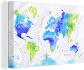 Canvas Wereldkaart - 60x40 - Wanddecoratie Wereldkaart - Waterverf - Groen - Blauw