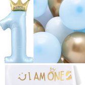 18-delige First Birthday ballonnen met sjerp set blauw, goud en wit - cakesmash - 1e verjaardag - ballon - sjerp - one