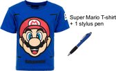 Super Mario Bros T-shirt - Koningsblauw - met 1 Stylus Pen. Maat 104 cm / 4 jaar.