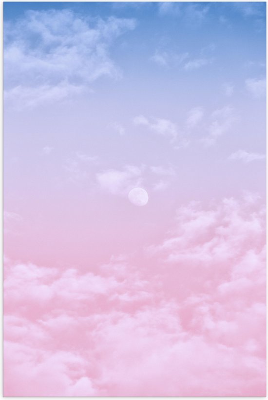 Poster (Mat) - Lucht - Wolken - Maan - Blauw - Roze - 60x90 cm Foto op Posterpapier met een Matte look