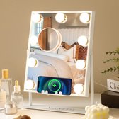 VANITII Hollywood Spiegel -25cm x 30cm-Met Bluetooth houder/USB oplaadpoort -360° rotatie meter Met dimbaar licht/3 soorten LED make-up spiegels -10x vergrootglas wit