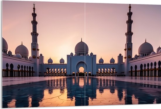 Acrylglas - Zon Zakkend achter Sjeik Zayed Moskee in Abu Dhabi, Verenigde Arabische Emiraten - 120x80 cm Foto op Acrylglas (Met Ophangsysteem)
