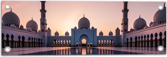 Tuinposter – Zon Zakkend achter Sjeik Zayed Moskee in Abu Dhabi, Verenigde Arabische Emiraten - 60x20 cm Foto op Tuinposter (wanddecoratie voor buiten en binnen)