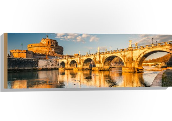 Hout - Zonsondergang bij Brug over Rivier in Rome - 90x30 cm - 9 mm dik - Foto op Hout (Met Ophangsysteem)