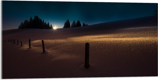Acrylglas - Landschap - Sneeuw - Paaltjes - Bomen - Zonsondergang - 100x50 cm Foto op Acrylglas (Met Ophangsysteem)