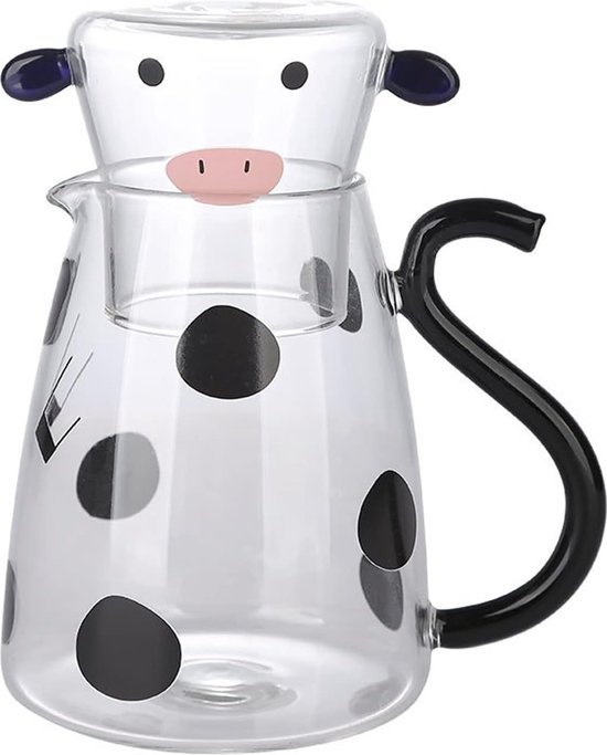Koe glazen waterkruik - 550/1800 ml koe print glazen kan, helder water karaf | V-vormige tuit glazen kan, nachtkastje waterset met beker, drankkaraf voor thee sap, koffie wijn
