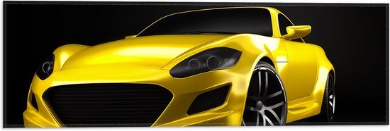 Vlag - Vooraanzicht van Gele Auto tegen Zwarte Achtergrond - 60x20 cm Foto op Polyester Vlag