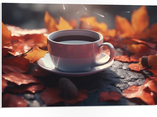 PVC Schuimplaat- Verse Kop Koffie tussen Herfstbladeren - 75x50 cm Foto op PVC Schuimplaat