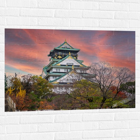 Muursticker - Wit met Blauw en Goud Osaka Kasteel, Japan - 105x70 cm Foto op Muursticker