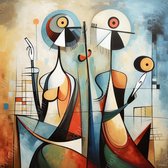JJ-Art (Glas) 100x100 | Man en vrouw in modern surrealisme, kleurrijk, kunst | abstract, blauw, rood, wit, bruin, zwart, vierkant, modern | Foto-schilderij-glasschilderij-acrylglas-acrylaat-wanddecoratie